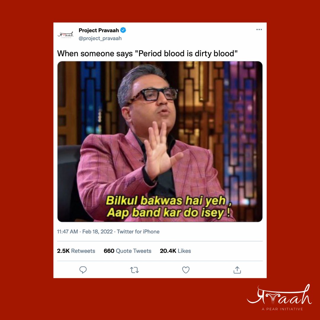 project_pravaah's tweet photo. Bilkul bakwas hai yeh!

Fact: Period blood isn’t rejected body fluids or the body’s way of flushing out toxins. Think of it as evolved vaginal secretion—there’s a little bit of blood, uterine tissue, mucus lining &amp; bacteria.

#pravaah #letstalkmenses #sharktank #sharktankindia https://t.co/KOGv8Q4sxE
