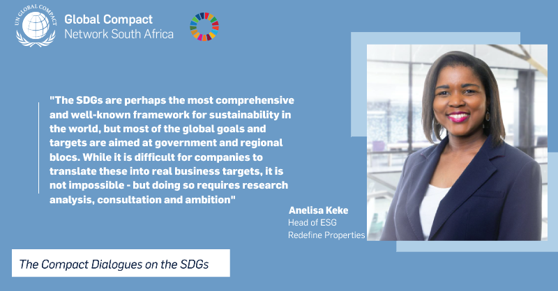 GlobalcompactSA's tweet photo. Join us today at 10am SAST, as 
Redefine Properties' Anelisa Keke shares how companies are driving the integration of  the SDGs into their ESG strategies. 
#TheCompactDialogues
#SDGs #ESG
Join now: https://t.co/qvDKWRm1Sy https://t.co/oUKN1aY66z