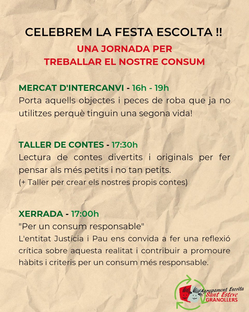 aeigstesteve's tweet photo. Ja ha arribat la FESTA ESCOLTA! 🥳
Us convidem a una jornada oberta a tothom per reflexionar sobre el consum el pròxim 5 de Març, de les 16 a les 19!

Farem un taller de contes, una xerrada i un mercat de l'intercanvi. 

Quines ganes! 🙌 https://t.co/9NHZDbAusN