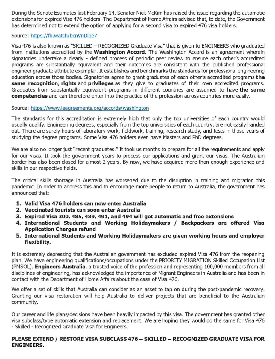 ✅ The Washington Accord is an agreement of mutual recognition between signatories
✅ New holders &amp; tourists can enter AU
✅ Other expired visas get auto extension
✅ We are experienced engineers (visa application/processing &amp; border closure took time)
RESTORE #476VISA! #auspol