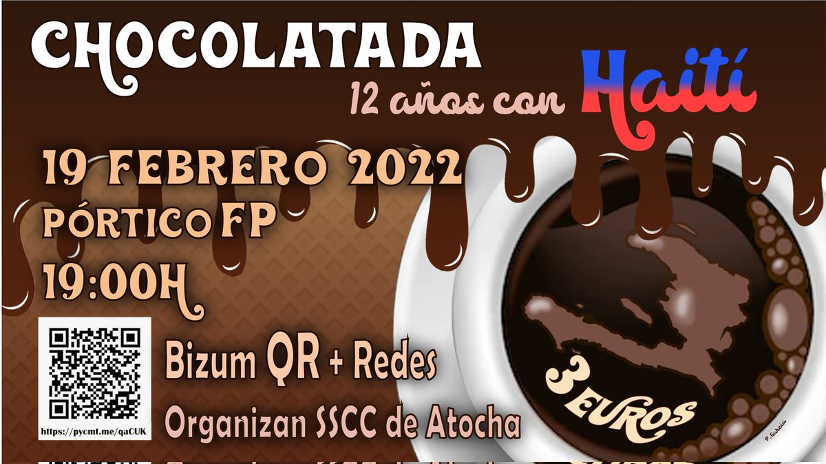 SalesCoopAtocha's tweet photo. Os recordamos que los SSCC de Atocha celebramos mañana una Chocolatada por Haití. Un país que sigue necesitando mucha ayuda y generosidad.
Para aquellos que no podáis acercaros presencialmente, podéis hacer vuestra aportación aquí👇

https://t.co/fhk4wQwfT0

¡Gracias de antemano! https://t.co/HB886o1jvg