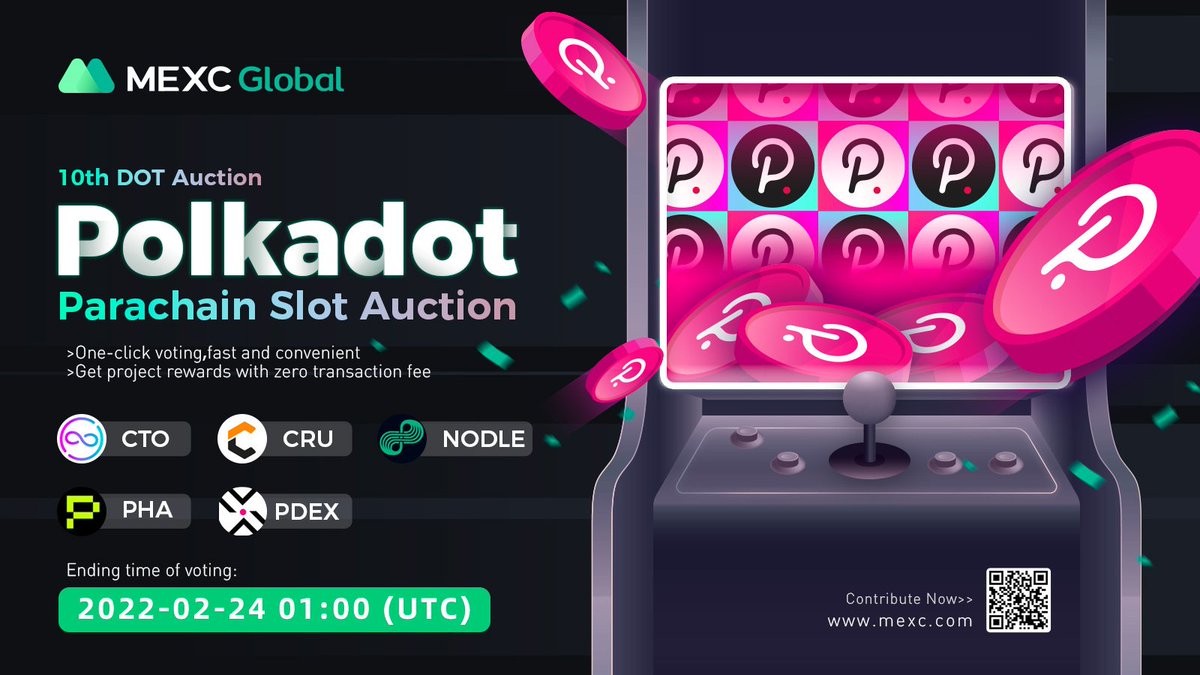 Launching the 10th #Polkadot Parachain Slot Auction on <a href="/MEXC_Global/">MEXC Global</a> 🚀

Shortlist: $CTO, $CRU, $NODLE, $PHA, &amp; $PDEX

Vote with $DOT to get rewards ➡️ mexc.com/slot/polkadot

#Parachain #MEXCGlobal