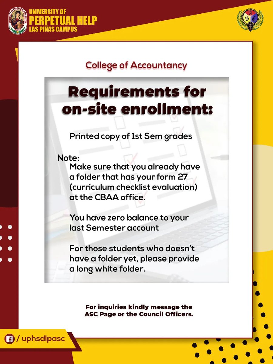 uphsdlpasc's tweet photo. 𝐀𝐍𝐍𝐎𝐔𝐍𝐂𝐄𝐌𝐄𝐍𝐓!!

Requirements for on-site enrollment. Please be guided accordingly 🙏💛 https://t.co/joBLfX7Qvd