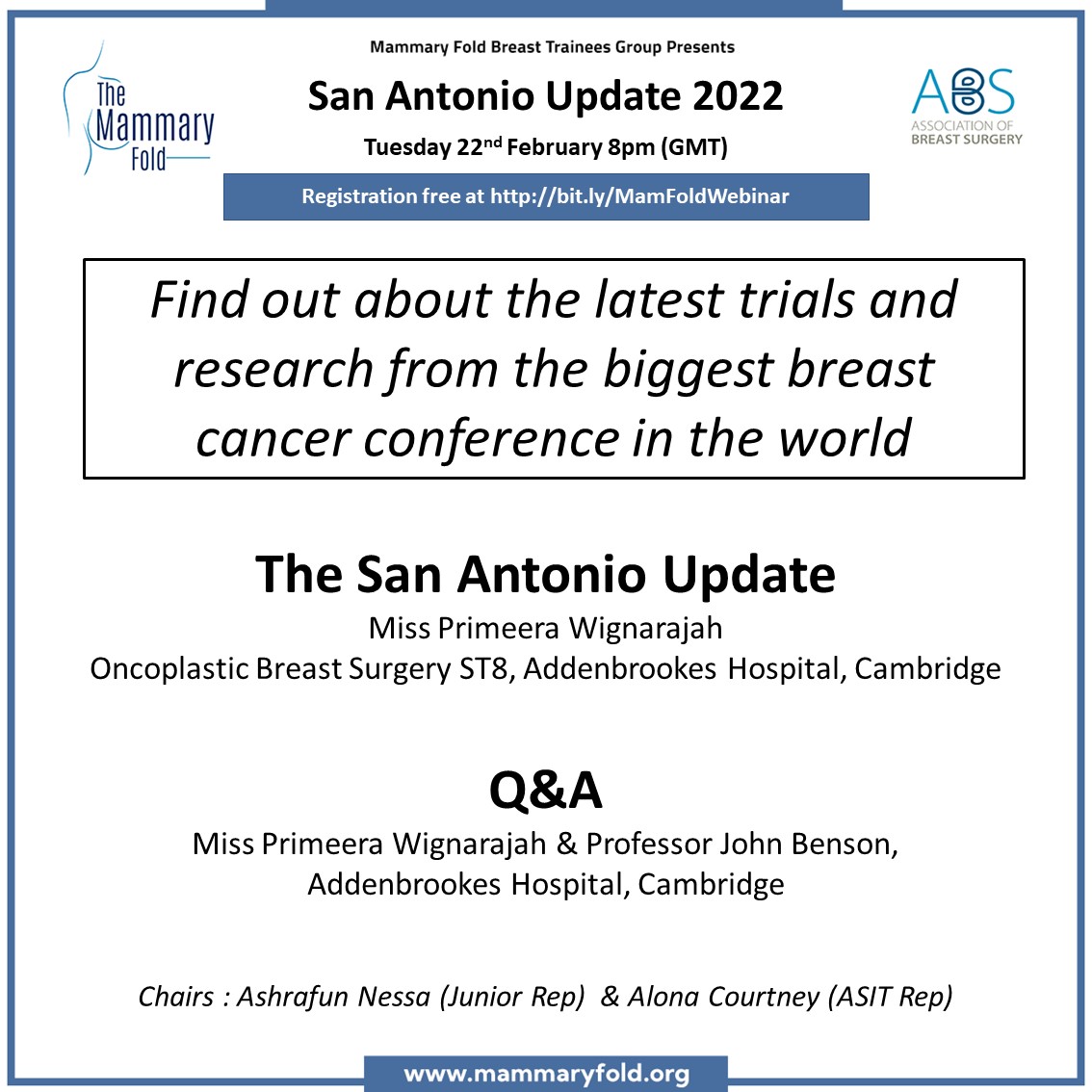 TheMammaryFold1's tweet photo. Want to hear about the latest research from the San Antonio Breast Cancer Symposium?

Don't miss the Mammary Fold San Antonio Update Webinar next Tuesday the 22nd of Feb at 8pm.

See more details and registration link here: https://t.co/0NI1xPZiOD
@ABSGBI https://t.co/Z2vkrEEH2T