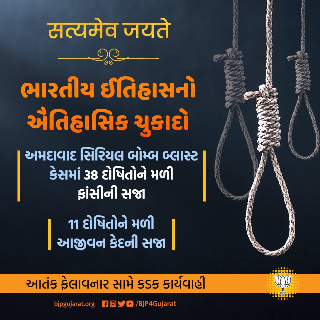 👉🏻 ભારતીય ઈતિહાસનો ઐતિહાસિક ચુકાદો

👉🏻 અમદાવાદ સિરિયલ બોમ્બ બ્લાસ્ટ કેસમાં 38 દોષિતોને મળી ફાંસીની સજા

👉🏻 11 દોષિતોને મળી આજીવન કેદની સજા
<a href="/BJP4Gujarat/">BJP Gujarat</a>