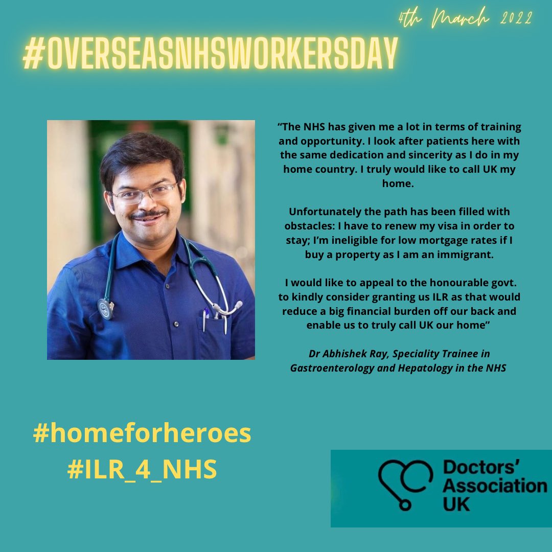 Join @TheDA_UK on Friday 4 March for #OverseasNHSWorkersDay 

Dr Abhishek Ray is a specialist trainee in #gastroenterology from #India 

#HomeforHeroes 
#ILRforNhS 
#ILR_4_NHS
