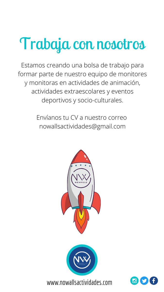 NowallsAct's tweet photo. 🚨 ATENCIÓN 🚨

¿Quieres trabajar con nosotros? Abrimos bolsa de trabajo para futuros eventos, actividades y campamentos que están por llegar 👏🏼

Mándanos tu CV a nuestro correo nowallsactividades@gmail.com 

@TintaDeAlmansa @AlmansaCiudad https://t.co/AOCAVXOYLJ