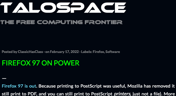 mpc7500v2's tweet photo. #Firefox97 on Power
https://t.co/o674soQrWK
#OpenPOWER #POWER9 #PPC64le #PowerPC #JavaScriptJIT #Firefox #LTO #PGO #WebRTC https://t.co/uACUB7cPzw