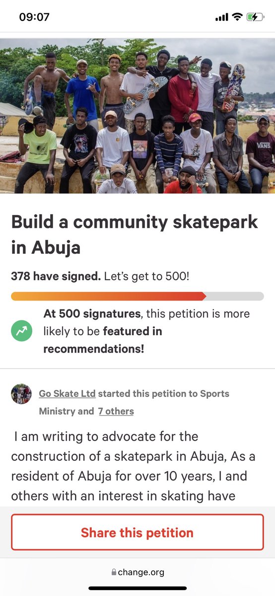 378 signatures!! I think it’s clear what we must do. We need a skatepark in Abuja. <a href="/SundayDareSD/">Sunday Dare,CON</a>