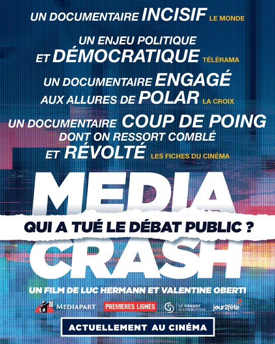 fabricearfi's tweet photo. Je serai ce soir, à 20h15, au cinéma de l'Espace Saint-Michel, à Paris, avec le réalisateur @LucHermann (@PLTVfilms) et @Charlotteclavr1 (@Fondspresslibre), pour présenter “Media Crash” et en débattre. https://t.co/Z1y6j4tY8h