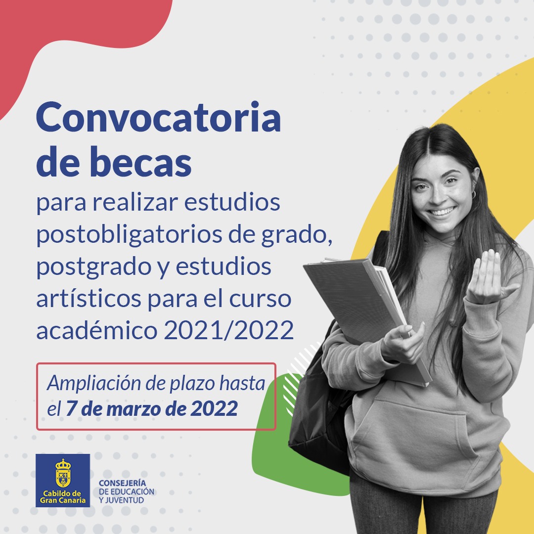 GranCanariaJven's tweet photo. 📢👉¡ATENCIÓN! Ampliamos plazo📅 para la presentación de #becas para realizar estudios postobligatorios de #grado, #postgrado y #artísticos.
⏳¡Tienes hasta el 7 de marzo!
📌https://t.co/HX2oyf8N6a https://t.co/Yxj8hfBk4b