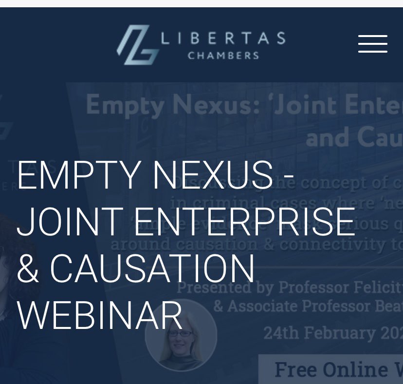 felicitygerry's tweet photo. Today is 6 years since the Jogee decision was handed down - still concerns how #jointenterprise applied - Sign up for our @LibertasChambe3 lecture next week on how ‘nexus’ &amp; ‘ample evidence’ mask serious Q’s around causation and connectivity to a crime https://t.co/kajJNJPwxN https://t.co/zKRuxIDDte