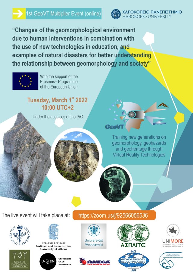 IAGAIG's tweet photo. During the #IntGeomorphWeek2022, join the 1st GeoVT Multiplier Event, on 1st March 9:00 CET! This online seminar is focused on the use of virtual reality for teaching in geosciences and organised by the Harokopio University (Greece). More information here: https://t.co/0Uo43FXL26 https://t.co/1gss7BBjQa