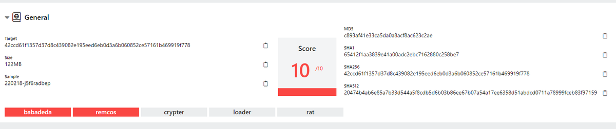 osipov_ar's tweet photo. Wondering when these are going to get some hits. #remcos delivered via #Babadeda.

~2 months, 5 scans, 0 VT hits. 

C2 - 193.56.29[.]242

nice detection though @hatching_io https://t.co/dn2ptayRIF
#FUD https://t.co/WEQPUzRYxf