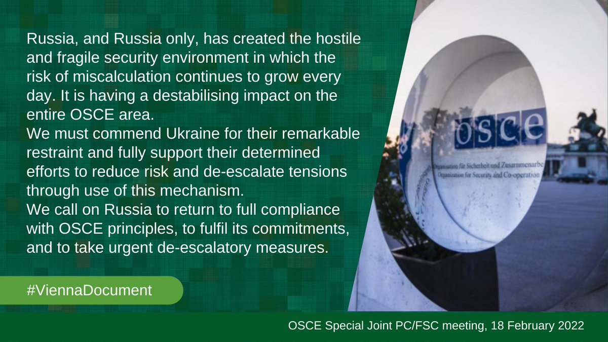 UKOSCE's tweet photo. Once again #Russia has refused to engage with the #OSCE #ViennaDocument process.
By not abiding by the commitments itโs freely signed up to, Russia exposes its lack of interest in dialogue & diplomacy.
We commend #Ukraine's restraint in the face of continued aggression. https://t.co/ELtZzxlOvJ