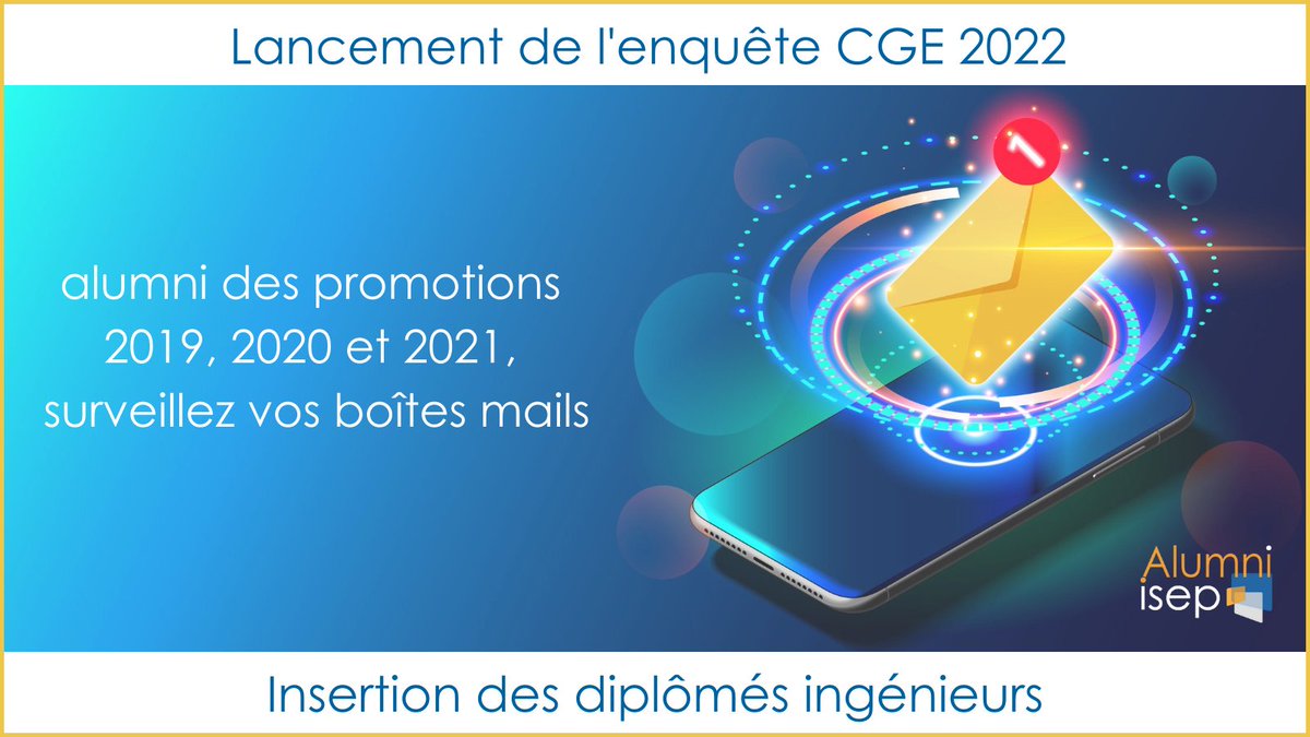 IsepAlumni's tweet photo. Alumni @isep des années 2019, 2020 et 2021, avez-vous répondu à l'#enquête 2022 de la @ConferenceDesGE sur l'#insertion professionnelle des diplômés ?
📥 Reçue directement dans votre boîte mail
🚨 Strictement confidentielle
📅 Jusqu'au 31 mars pour y répondre https://t.co/5CClQOTBQY