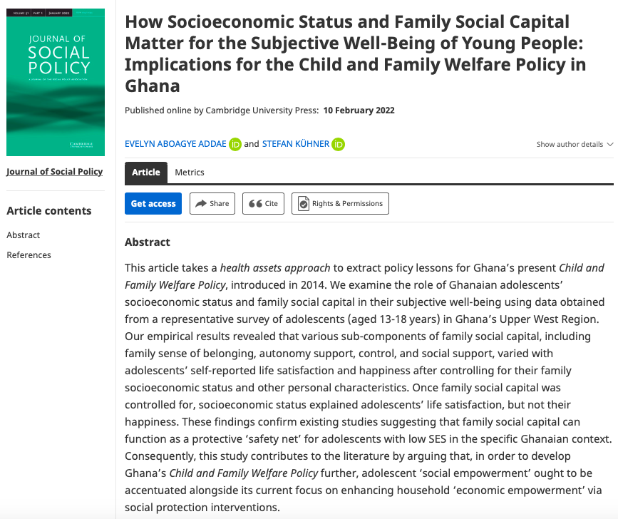 JSP_Journal's tweet photo. New on #FirstView by Evelyn Abogaye Addae and Stefan Kühner:

How Socioeconomic Status and Family Social Capital Matter for the Subjective Well-Being of Young People: Implications for the Child and Family Welfare Policy in Ghana

https://t.co/8bXWLshMQ2 https://t.co/PUyBq8tmye