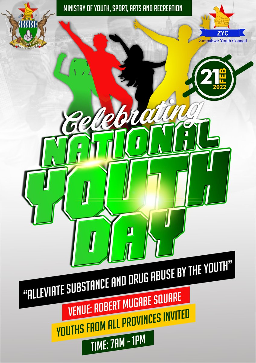 Celebrating National Youth Day under the theme Alleviate Substance and Drug Abuse by the Youth
Don't miss out!!!!!
<a href="/yojaZW/">#YoungJournosZIM</a> @moysarzim <a href="/ZBCNewsonline/">ZBC News</a> @youthdecide_zim <a href="/YetTrust/">#Youth4SDGs</a> <a href="/263Chat/">263Chat.com 🇿🇼</a> <a href="/powerfmzimbabwe/">powerfmzimbabwe</a> <a href="/DailyNewsZim/">@DailyNewsZim</a> @ZTNnews <a href="/rafyttrust/">Real Agenda For Youth Transformation Trust</a> <a href="/bank_empower/">EmpowerBank</a> <a href="/EMAeep/">E.M.A</a>