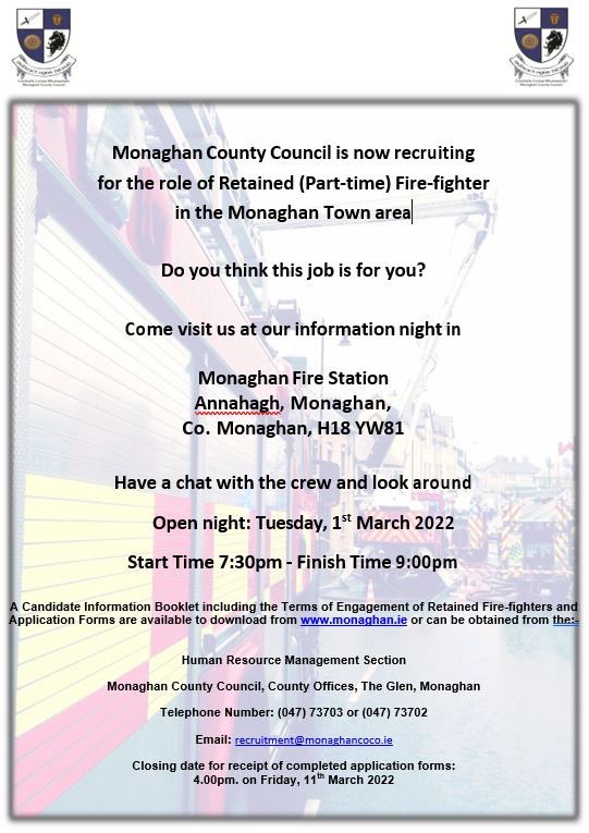 monaghan_fire's tweet photo. Do you think this job is for you? Monaghan County Council is now recruiting for the role of Retained (Part-time) Fire-fighter in the Castleblayney, Clones and Monaghan Town areas. Come visit us at our information nights, see photos for more details. https://t.co/CuN8xej4Nr