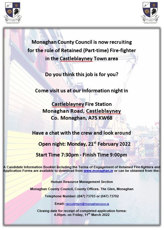 monaghan_fire's tweet photo. Do you think this job is for you? Monaghan County Council is now recruiting for the role of Retained (Part-time) Fire-fighter in the Castleblayney, Clones and Monaghan Town areas. Come visit us at our information nights, see photos for more details. https://t.co/CuN8xej4Nr
