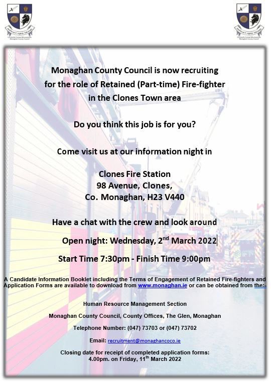 monaghan_fire's tweet photo. Do you think this job is for you? Monaghan County Council is now recruiting for the role of Retained (Part-time) Fire-fighter in the Castleblayney, Clones and Monaghan Town areas. Come visit us at our information nights, see photos for more details. https://t.co/CuN8xej4Nr
