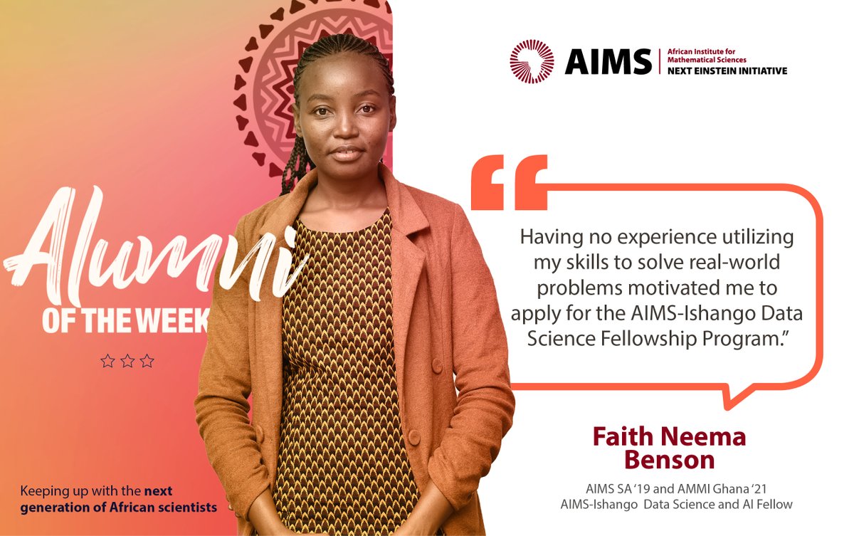 #AlumOfTheWeek

Meet Faith Neema Benson, <a href="/AIMSacza/">AIMS South Africa</a> Alumna.

Through the AIMS-<a href="/ishango_ai/">Ishango.ai</a> Fellowship program, Faith recently developed an unsupervised anomaly detection method to predict hydroelectric power plant failures for <a href="/ElderResearch/">Elder Research, a MANTECH company</a>.

🔗: bit.ly/3GXUJ4E.