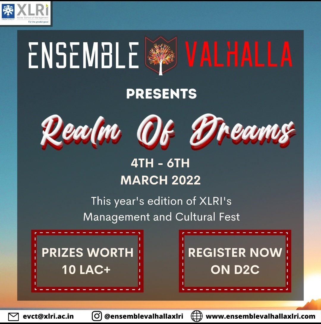 XLRIJamshedpur's tweet photo. Ensemble Valhalla is the annual Management, Cultural and Sports Fest of XLRI Jamshedpur.
The 3-day extravaganza is set to take place from 4th to 6th March 2022.
Click here to Register: https://t.co/Hsf0xSN29Z
#xlri #xlrijamshedpur #EV2022 #ensemblevalhalla
(1/2) https://t.co/NBsETkaTg7