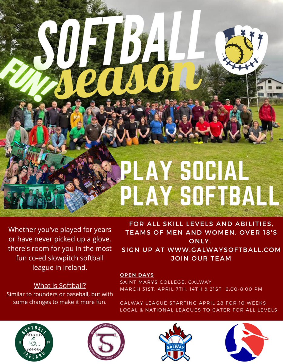 galwaysoftball's tweet photo. Sign up for the most fun social league in Galway, mixed teams for over 18s. @SoftballIreland @Mulliganj @gbfmsports @FlirtFMSport @galwayad @CTribune @Darrenfrehill @galwayactive #galway   https://t.co/mvZE3TXadH https://t.co/PSW82z8k4w
