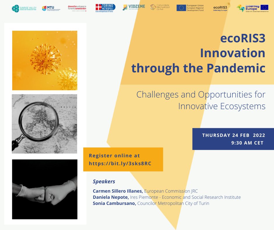 CittaMetroTO's tweet photo. #ecoRIS3
Immaginare l’innovazione dopo la pandemia. Prosegue anche nel 2022 il progetto ecoRIS3. Un incontro online il 24 febbraio alle ore 9,30 https://t.co/vjUJebrpss
@interregeurope @scambu https://t.co/Ww6hPAO9zu