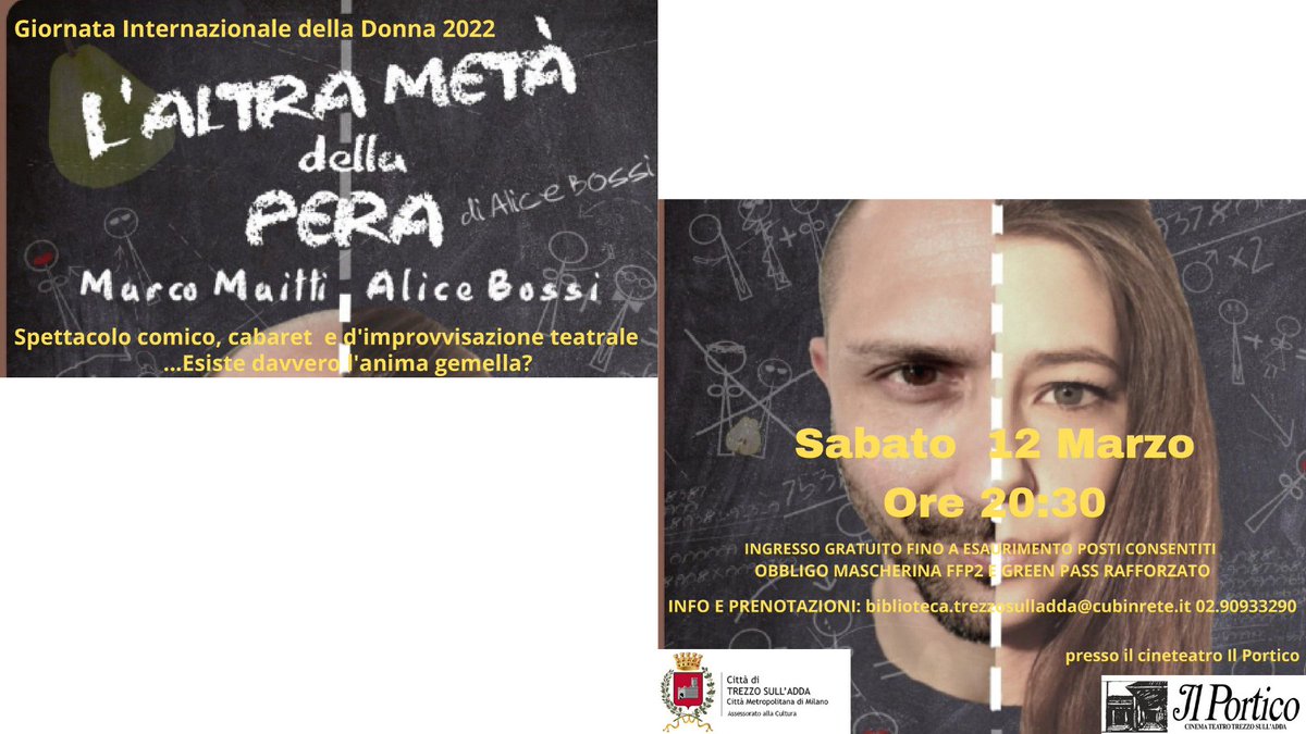 TrezzosullAdda's tweet photo. Presso il cineteatro Il Portico
Sabato 12 Marzo
Ore 20:30
INGRESSO GRATUITO FINO A ESAURIMENTO POSTI CONSENTITI
OBBLIGO MASCHERINA FFP2 E GREEN PASS RAFFORZATO
INFO E PRENOTAZIONI: biblioteca.trezzosulladda@cubinrete.it 02.90933290 https://t.co/sfKCLx7KWV