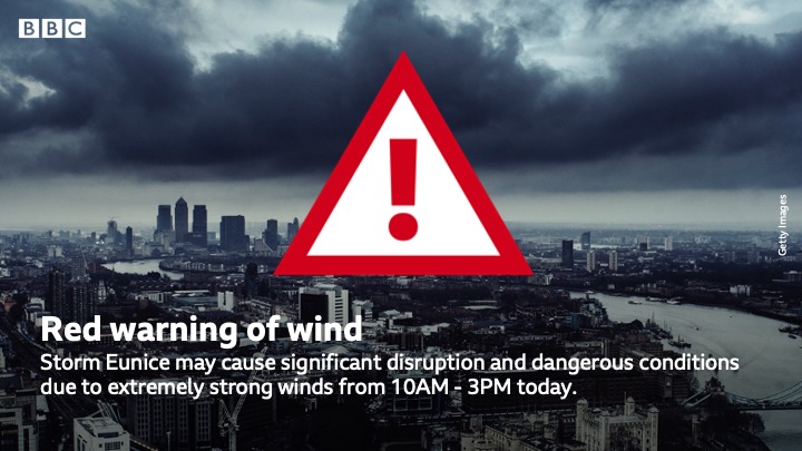 ⚠️A rare red weather warning has been issued across London today as Storm Eunice hits. 

People have been advised to stay at home, as it's expected to be one of the worst storms in decades.

Read more: bbc.in/34OlVWo