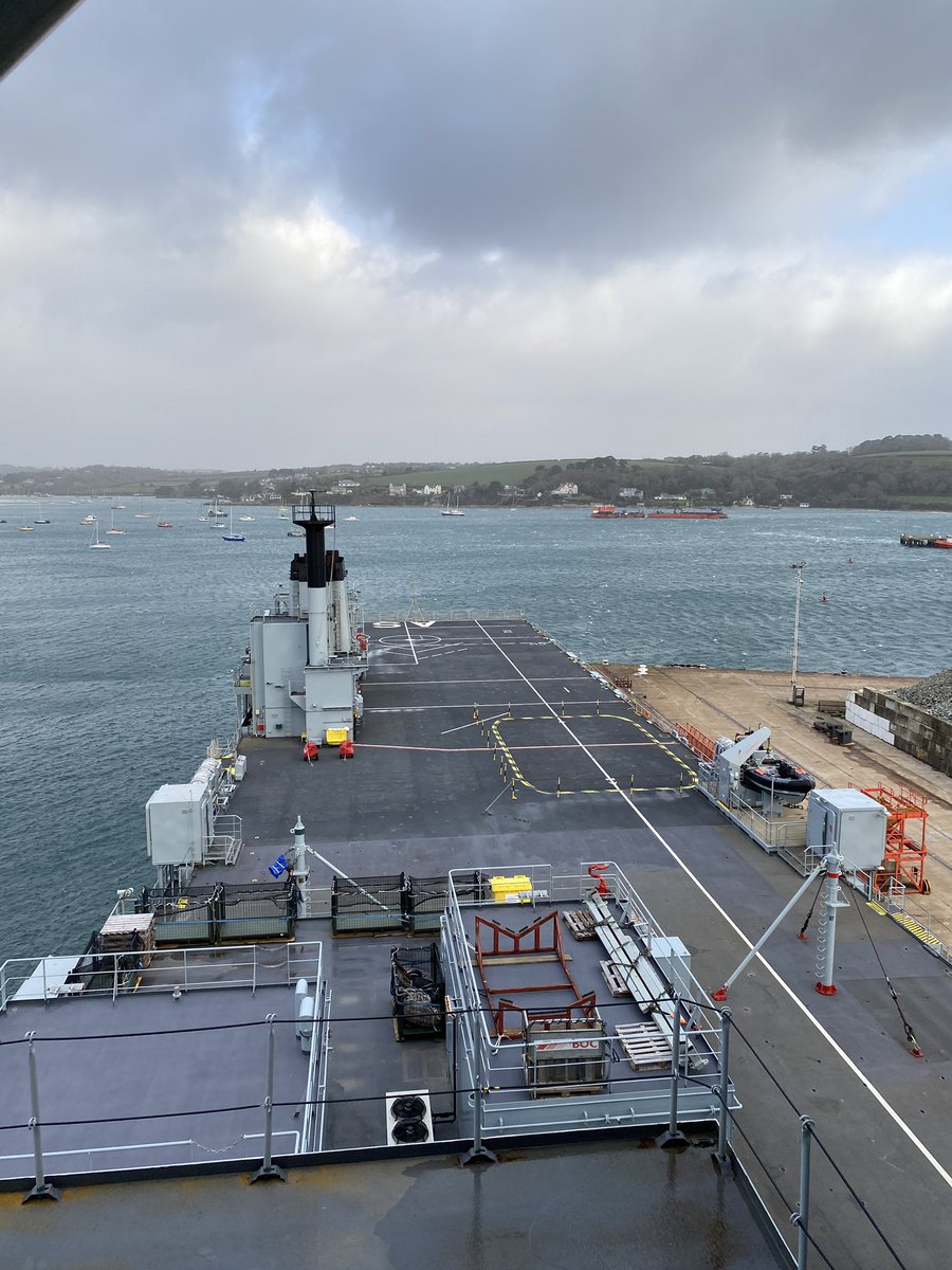 RFAArgus's tweet photo. RFA Argus riding out Storm Eunice alongside in Falmouth. #Bowthrust #MainEngines Immediate Notice #battendownthehatches @RFAHeadquarters @NavyLookout @RNPics_ @1700NAS https://t.co/BcMin6Ss82