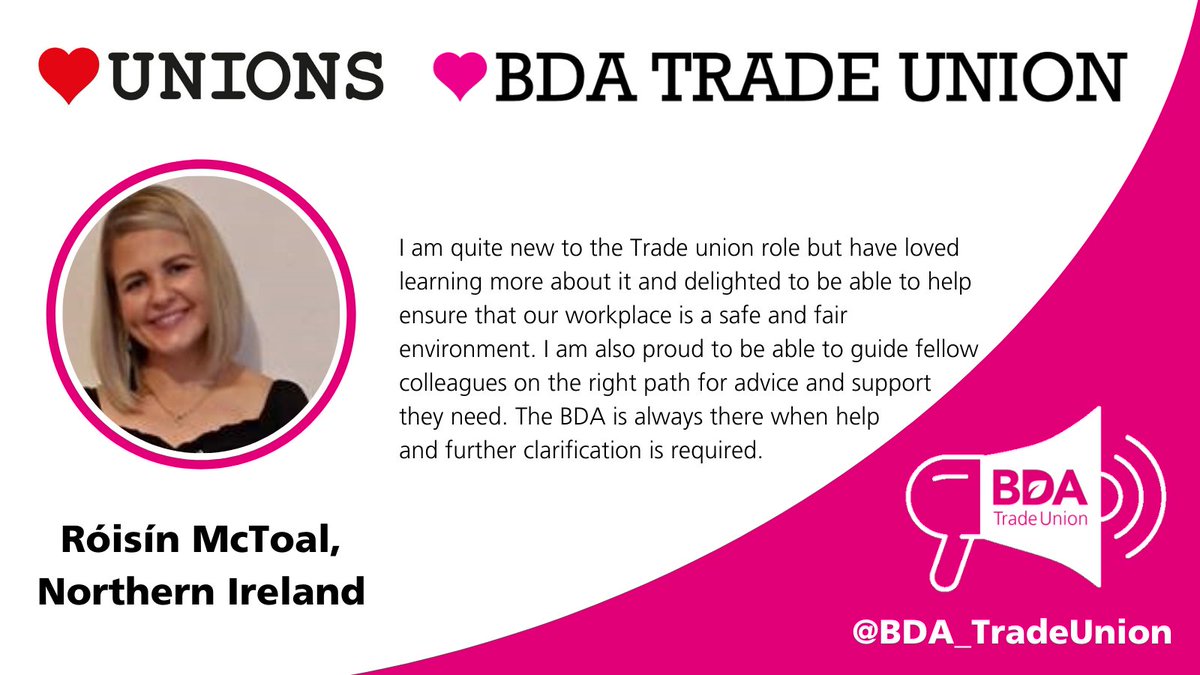BDA_TradeUnion's tweet photo. It's our final BDA Trade Union Rep for #HeartUnionsWeek! 
Róisín McToal gets to the heart of what being in a #union is all about 'help ensure that our workplace is a safe and fair environment'. Our Reps make sure that is the case. Our thanks for all that they do.

#HeartUnions https://t.co/s0ehm9MbST