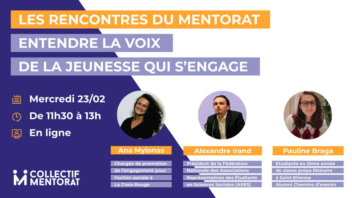🗓 [INVITATION WEBINAIRE]
Pour notre prochaine Rencontre du Mentorat, le 23/02, nous vous proposons d'Entendre la voix de la jeunesse qui s'engage.

Donnons la place aux jeunes, et découvrons ensemble de quoi peut être fait l’avenir.

📍Inscriptions ▶️ bit.ly/35CibHv