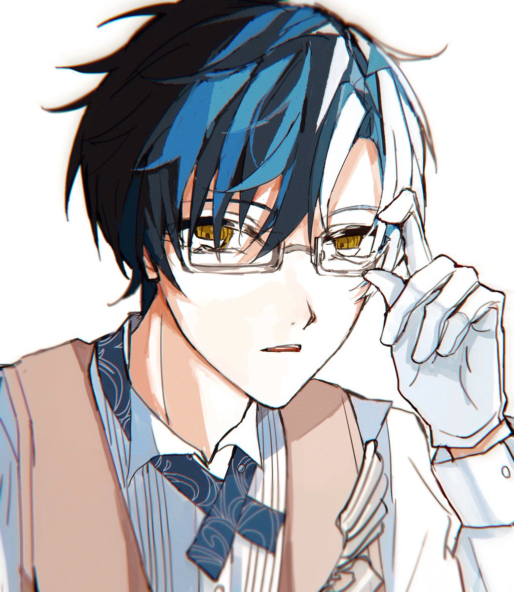 1boy male focus glasses solo gloves blue hair shirt  illustration images