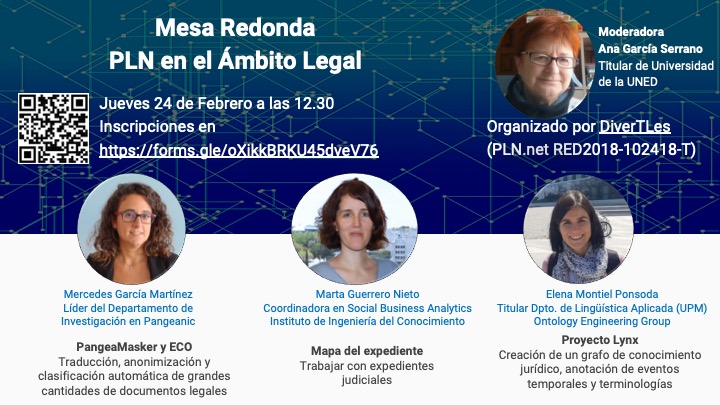 🗓 El próximo jueves 24/2 a las 12:30h ¡tenemos una cita con #DiverTLes💜! 
 
🗣 Mesa Redonda "PLN en el ámbito legal" 👩🏻‍⚖️  con invitadas de lujo <a href="/merc_85/">Mercedes García-Martínez</a> <a href="/marta_mgn/">Marta Guerrero</a> <a href="/elemontiel/">Elena Montiel</a> 

ℹ️ ¿Te animas a asistir?
Evento gratuito con inscripción ➡️ bit.ly/3JGhxYp