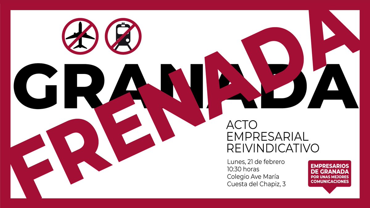 ¡NO a una #GranadaFrenada! ❌ | Sin tren, sin avión, sin comunicación ❌

📣 Exijamos que la provincia tenga las #comunicaciones que se merece 
 
👉 Te esperamos en el #acto reivindicativo empresarial 

🌐 Confirma tu asistencia aquí 📲 ow.ly/60H350HVnzS

#granada