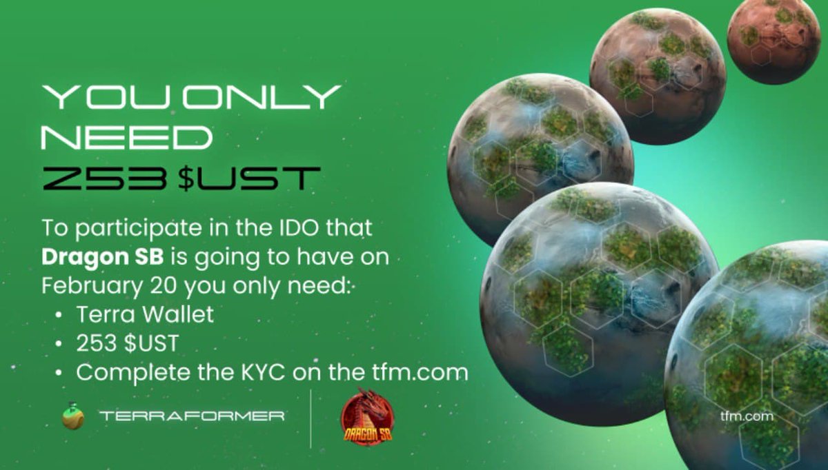 What do you need to participate in the IDO that is taking place on February 20 for Dragon SB?

✅ Create a Terra Wallet. See guide here:
medium.com/@tfm.com/how-t…
✅ Complete the KYC here: tfm.com/kyc
✅Have 253 $UST ready for the sale if you win the lottery.
