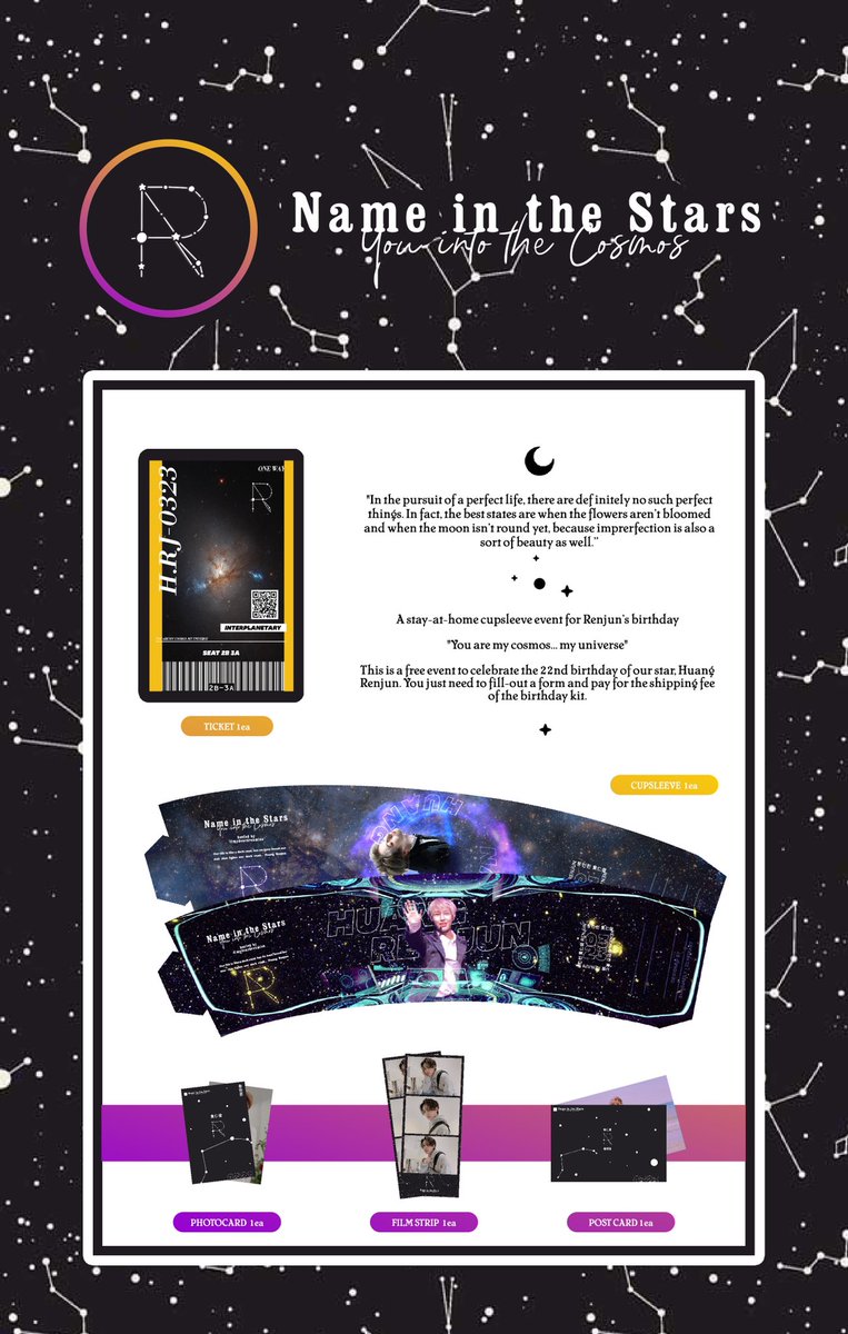 mydear0323's tweet photo. Name in the Stars, You into the Cosmos 💫

“Our lives are like a dark road, but luckily we have our brightest star that serves as our light.”

A free stay-at-home cupsleeve event for Huang Renjun’s birthday. Let’s travel into the cosmos together, Renchins. 💛 https://t.co/DRxp0wpox1