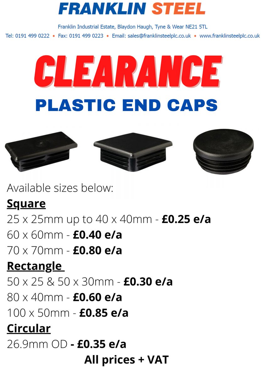 Franklinsteel's tweet image. We are currently looking to sell some overstocked end caps at fantastically low prices.

Prices based on collection from Blaydon (NE21 5TL). 

Cheaper prices available for large quantity purchases. 

#fencing #endcap #boxsection #tubes #hollowsection #fabrication #welding