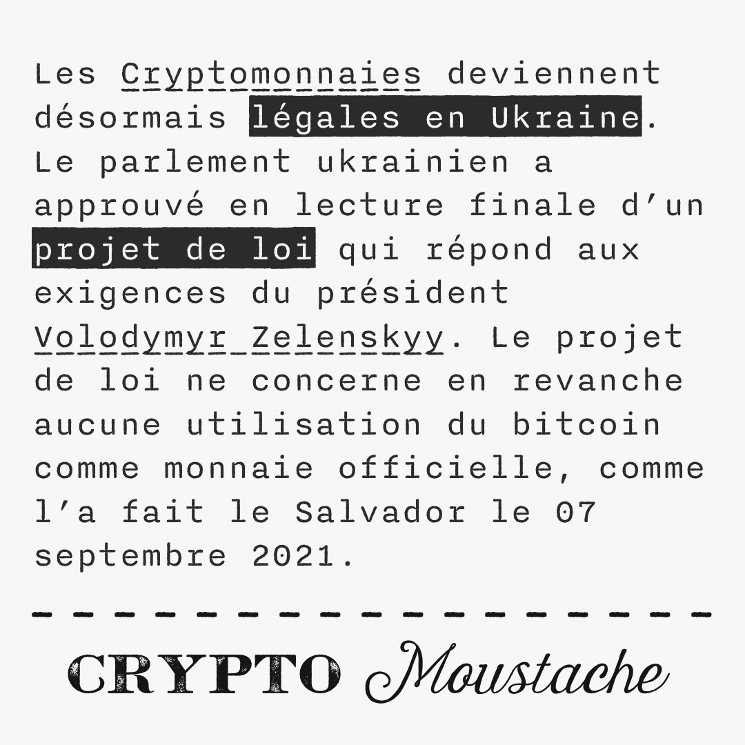 Lisez notre article sur cryptomoustache.fr !

#cryptomonnaie #cryptomonnaies #cryptomonnaiefrance #cryptomoustache #crypto #actualités #actualité
#magazine #blog #webzine #ukraine #légalisation #blockchain #bitcoin #légalisation #gouvernement #projetdeloi #projet
