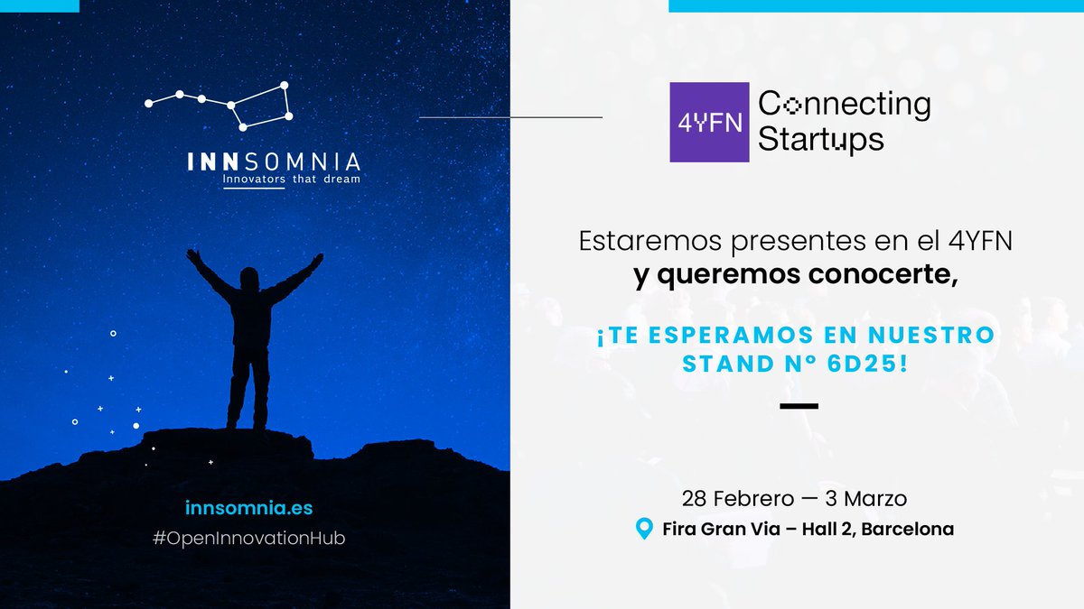 El equipo de <a href="/Inn_Somnia/">Innsomnia Accelerator</a>, estará en el <a href="/4YFN_MWC/">4YFN</a> haciendo scouting de las startups más disruptoras de #eHealth #Insurtech #Fintech #Ports40 #Industria40 y #agritech.
🚀¿Nos vemos en el #4YFN22 😉? 
➡️Búscanos! Estaremos en el stand 6D25.
