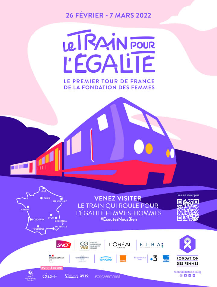 Du 6 février au 7 mars, le #Trainpourlegalite de la <a href="/Fondationfemmes/">Fondation des Femmes</a> sillonnera la France à votre rencontre 🚂
Embarquez à Paris, Nantes, Bordeaux, Toulouse, Marseille, Grenoble, Lyon, Strasbourg ou Lille ! 
Le programme 👉bit.ly/3uXz61P