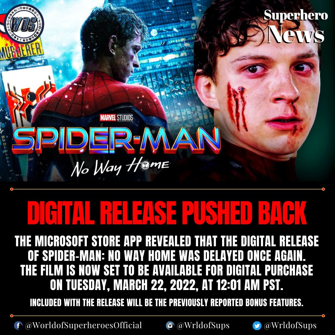 WrldofSups's tweet photo. #SpiderManNoWayHome's Online Release Date Just Got Delayed!

#WorldofSuperheroes https://t.co/Z4GdUXGP9P