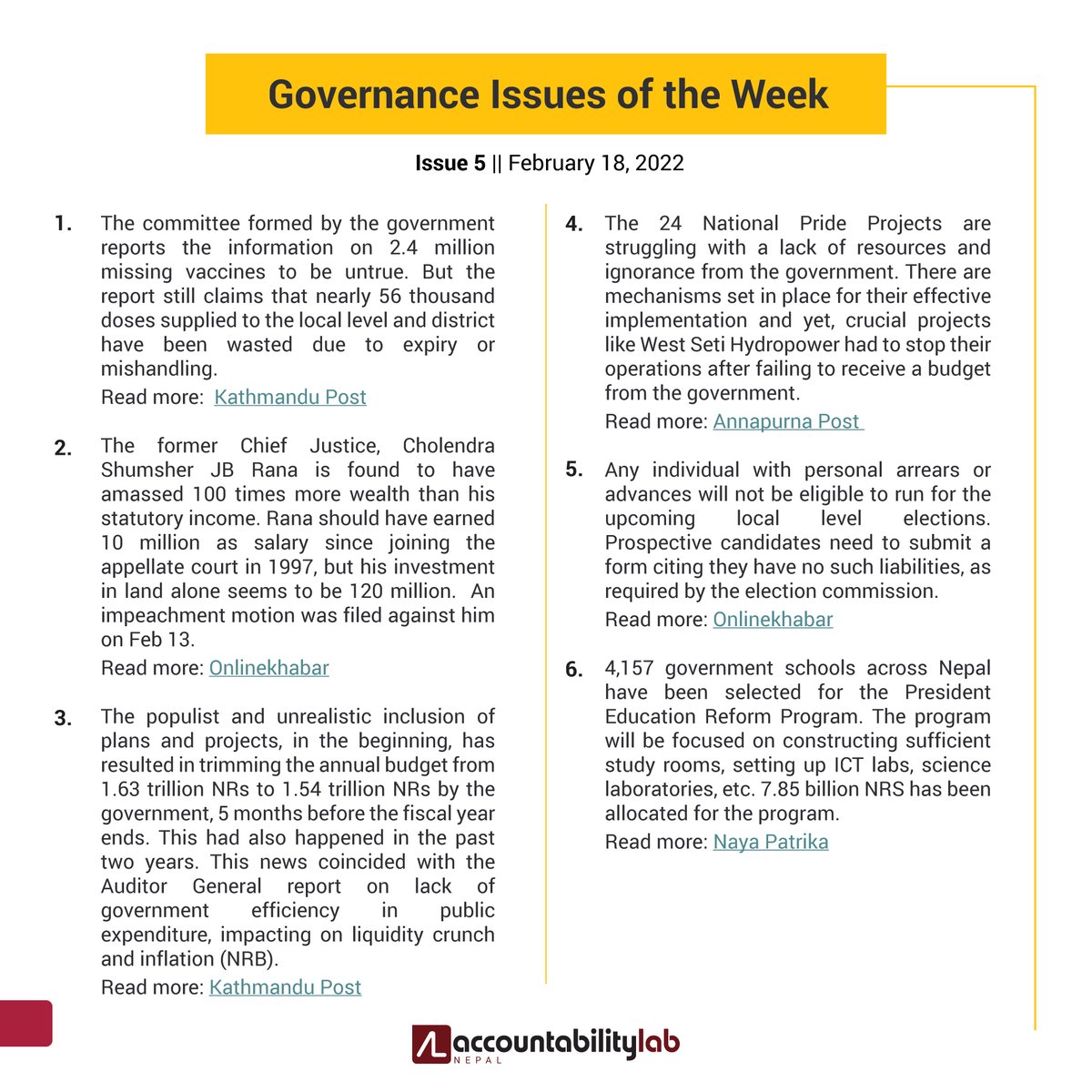 CivActs's tweet photo. Nepal Losing Foothold on Balanced Diplomatic Relations
Issue 5 | Feb 18, 2022
[Read More...LINK IN BIO]
@accountlab 
#governanceweekly #accountabilitylabnepal #weeklynews #nepalnews #civicactionteams #Weeklynewsletter #governance https://t.co/MvFki1DGOc