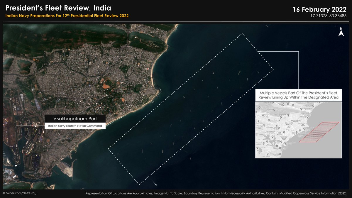 #IndianNavy Vessels lining up earlier this week, part of preparations for the #India's Presidential Fleet Review 2022 off the coast of Visakhapatnam