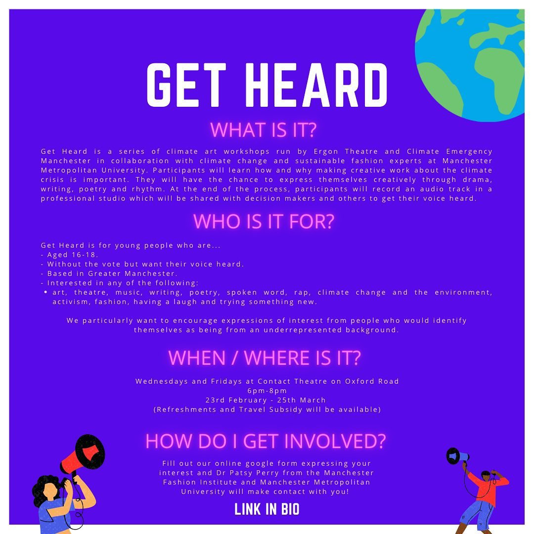 HOME_mcr's tweet photo. #SustainableFriday via @ergontheatre Young people 16+ opportunity: climate art/drama/poetry workshops at @ContactMcr with recording a professional track to be broadcast by @ReformRadioMCR. Limited spaces available! sign up here https://t.co/ZGnAhN5oah Workshops start 25th Feb! https://t.co/wZAeat2mQF