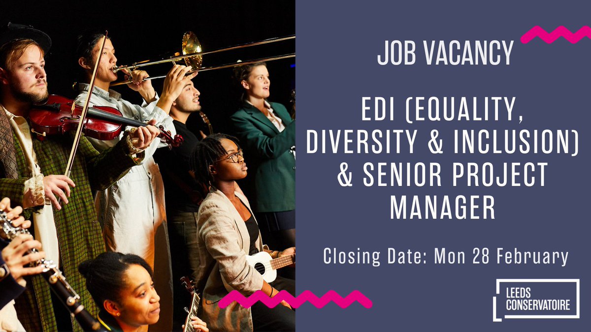 LeedsMusicDrama's tweet photo. Vacancy: 
Leeds Conservatoire is looking for an Equality, Diversity &amp; Inclusion (EDI) &amp; Senior Project Manager to take forward recommendations from a recent review, develop an EDI strategy and action plans to implement EDI best practice.

Apply by 28 Feb: https://t.co/Bw1SsRzWVD https://t.co/XLXO9hRty3