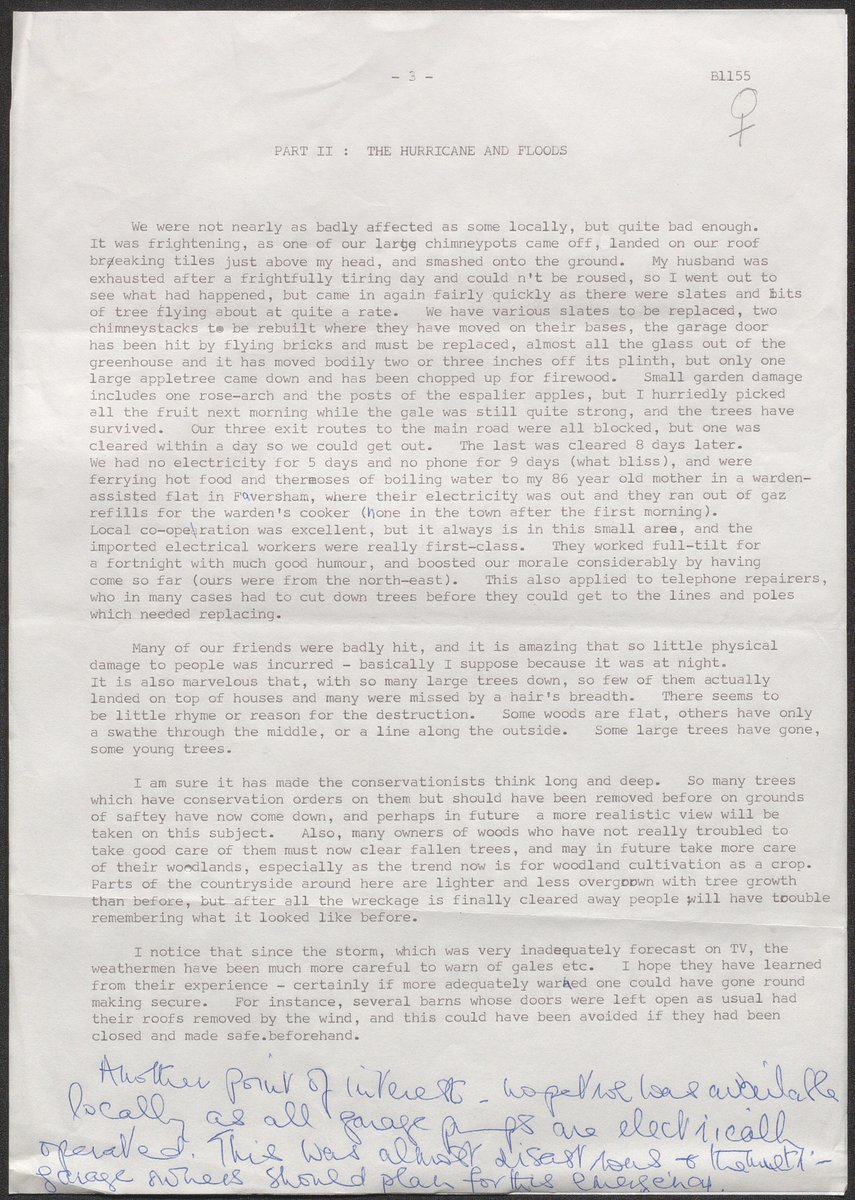 MassObsArchive's tweet photo. In 1987 a big storm hit. This is one Mass Observer's experience. #StormEunice #FromTheArchive https://t.co/B6VgTcJfqa