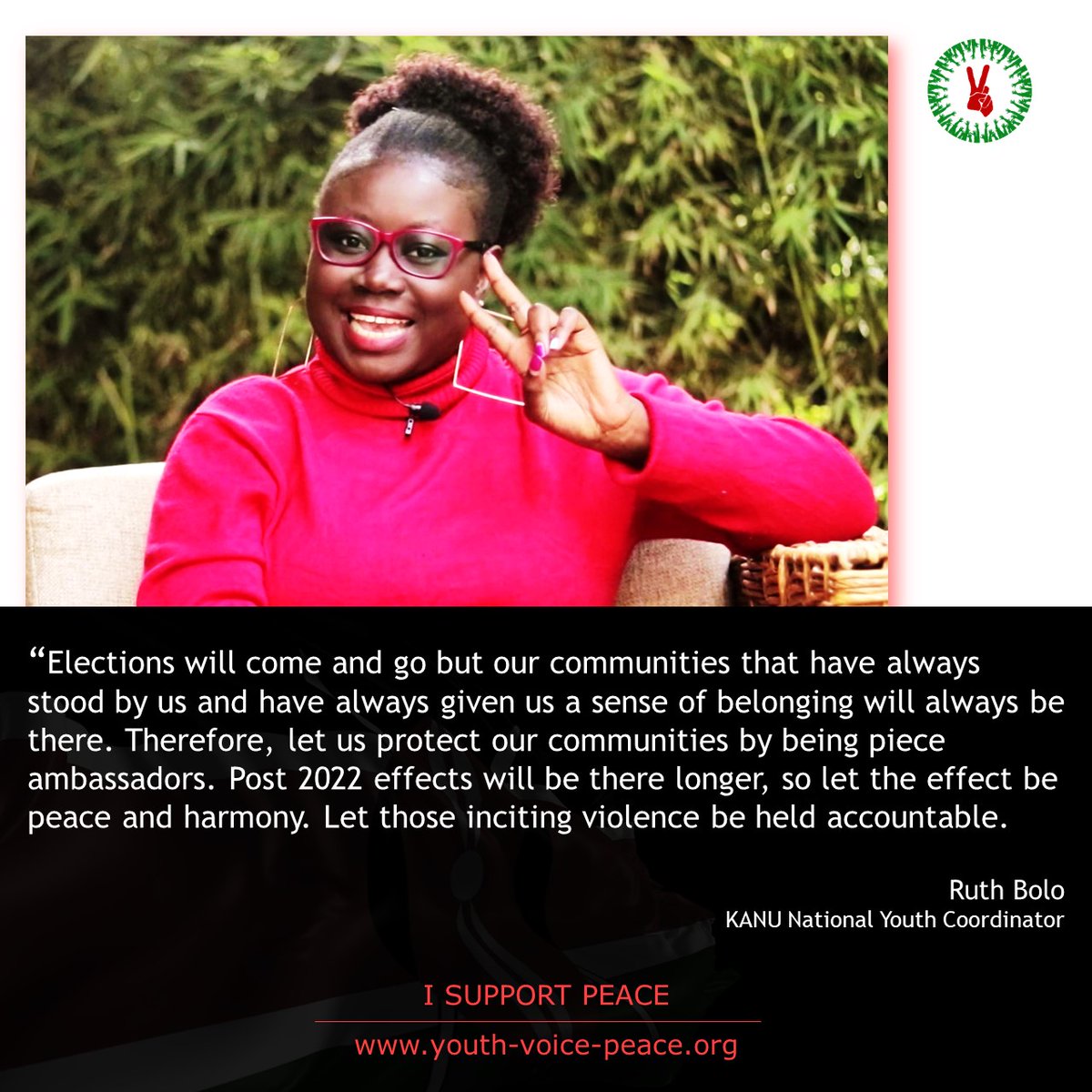 civic_voices's tweet photo. My say:
Ruth Bolo.  I SUPPORT PEACE.

What is your message of peace to Kenyans towards 2022 general elections?

Join the conversation. Share your message through https://t.co/JrQjttAS3s 
#ISupportPeace #peace #peaceinkenya https://t.co/nUh7ljxJ84